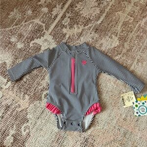 Little Me pink navy striped one piece swimsuit